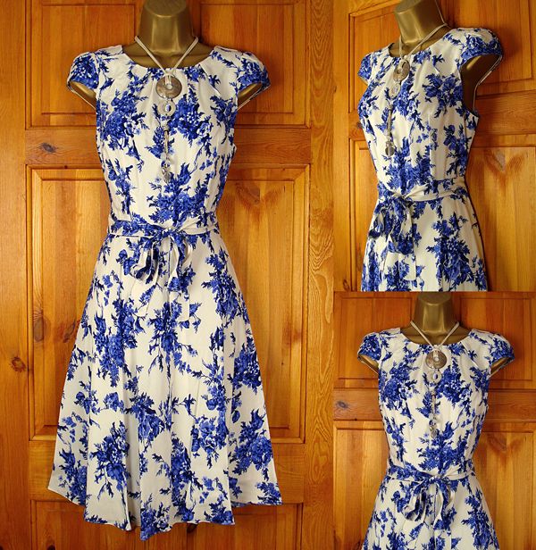 NEW DOROTHY PERKINS BLUE IVORY WHITE VINTAGE 50s STYLE FLORAL SUMMER
